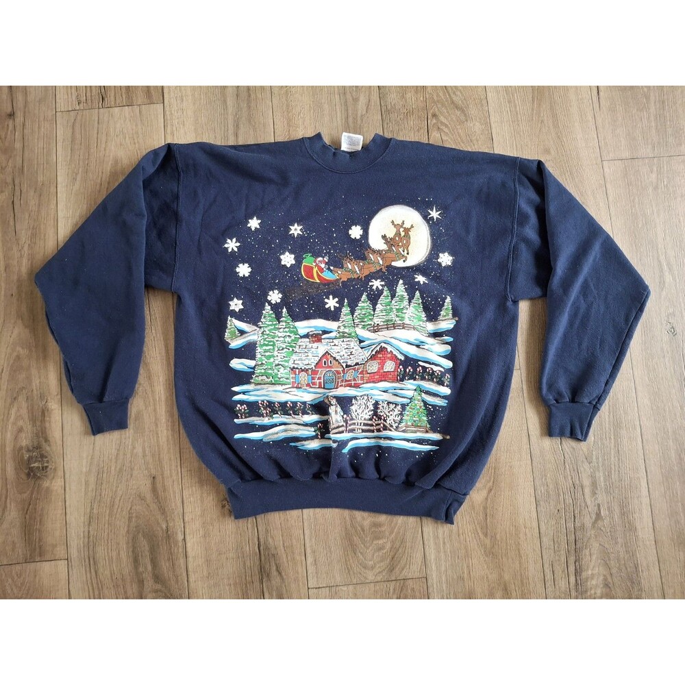 Vintage Sweatshirt Blue Crew Neck Christmas Glitter Santa Reindeer USA Adult XL